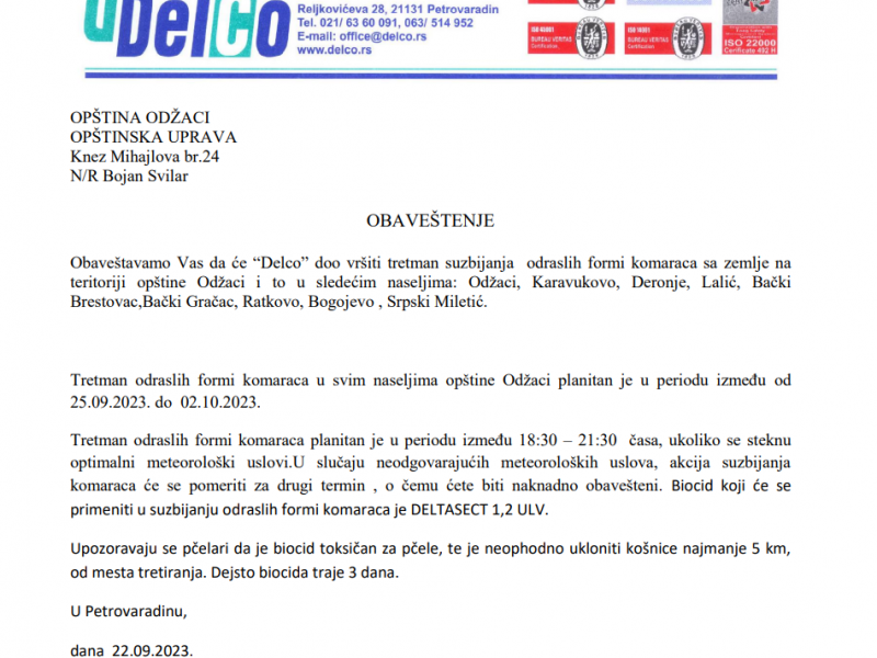 Najava za tretman komaraca i obaveštenje za pčelare