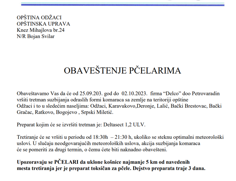 Najava za tretman komaraca i obaveštenje za pčelare