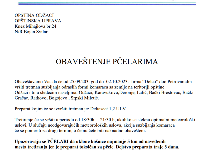 Најава за третман комараца и обавештење за пчеларе